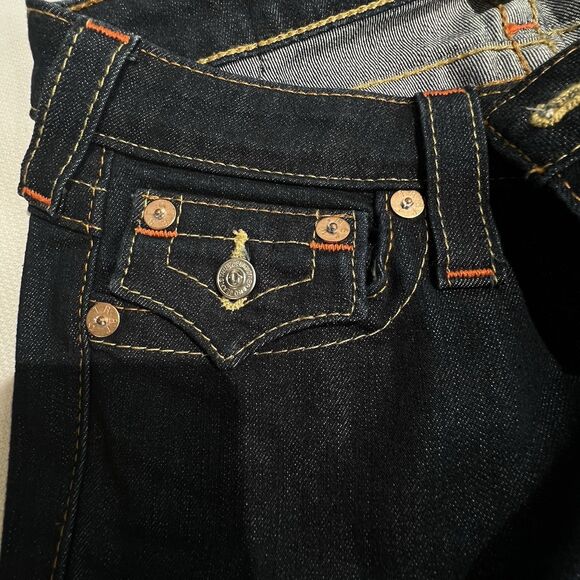 True Religion Women Jeans Bootcut Sz 27 Flap Pockets Low Rise Blue Dark Wash Y2K - Picture 13 of 16